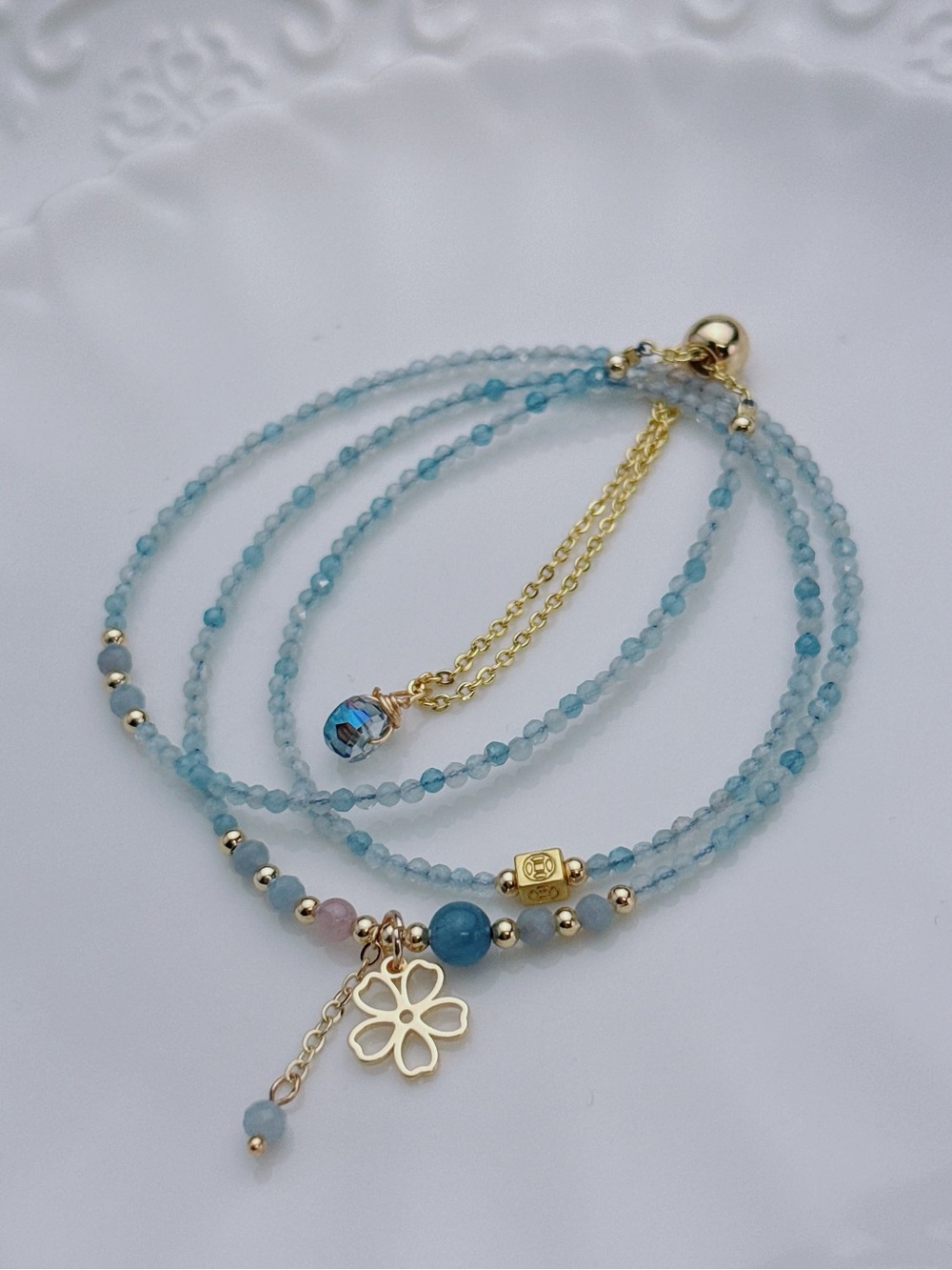 GB97 Handmade Aqua Marine Tripe Layer Bracelet Necklace 2in1 20+5” - Picture 3 of 6